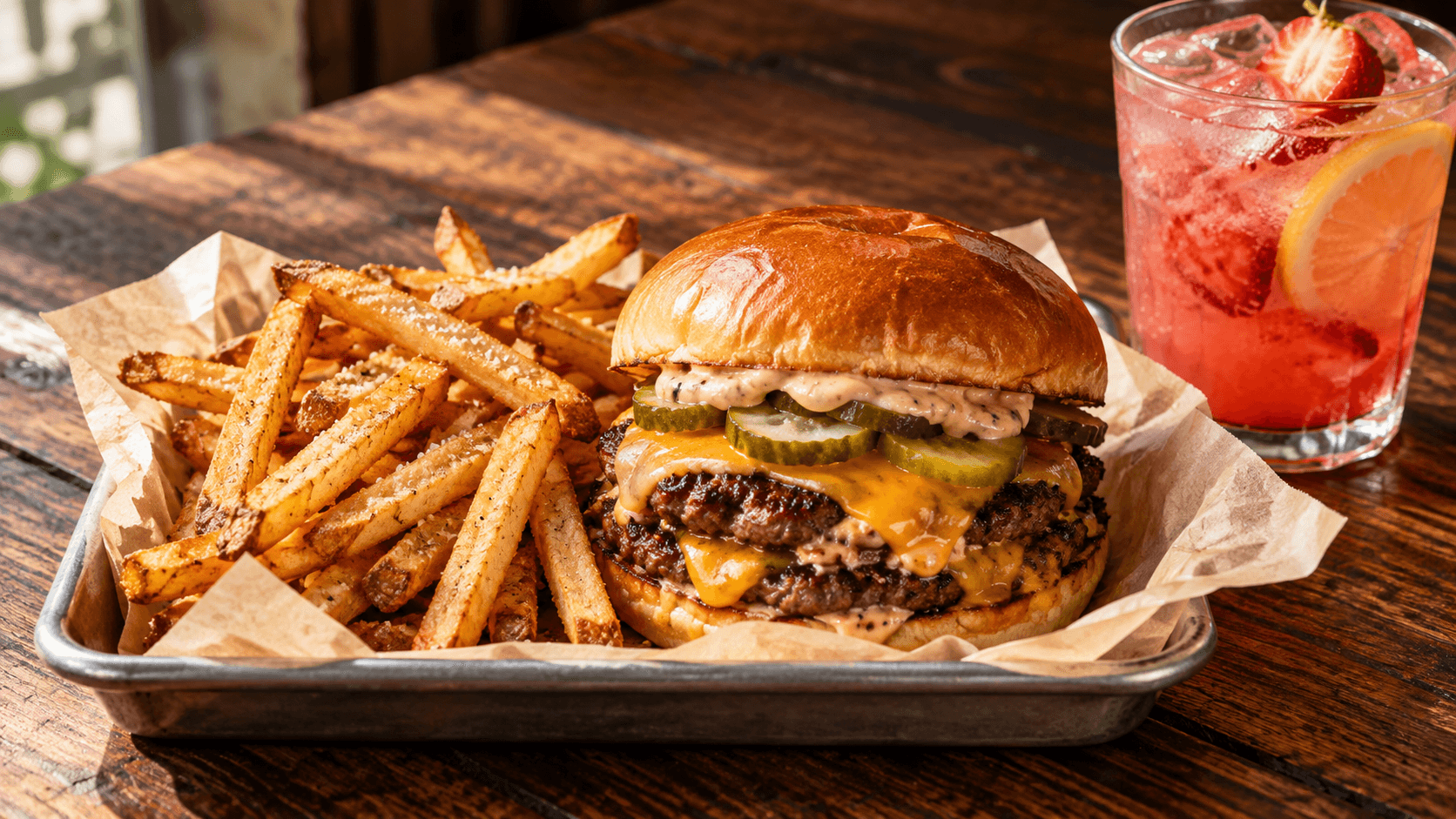 Double smash burger, golden fries, and strawberry lemonade on a warm wood table